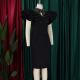 Women Sexy Ruffle Sleeve Beaded Party African Dress