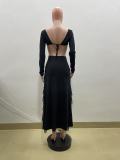 Women Summer Sexy Long Sleeve Ruffled Slit Maxi Dress