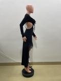 Women Summer Sexy Long Sleeve Ruffled Slit Maxi Dress