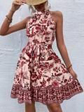 Women Floral Halter Neck Sleeveless Dress