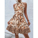 Women Floral Halter Neck Sleeveless Dress