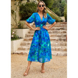 Women Summer V-Neck Chiffon Printed Maxi Dress