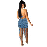 Women Denim Rope Top and Skirt Casual Two Piece