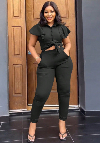Women Turndown Collar Top and Pocket Pants Two Piece
