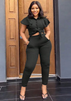 Women Turndown Collar Top and Pocket Pants Two Piece Women Turndown Collar Top and Pocket Pants Two Piece