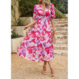 Women Summer V-Neck Chiffon Printed Maxi Dress