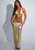 Sexy Three-Piece Print Lace-Up Halter Neck Bikini Swimsuit for Women