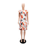 Women Printed Pleated Short Sleeve Dress