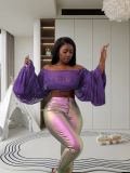 Women Pleated Bubble Long Sleeve V-Neck Crop Top