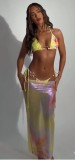 Sexy Three-Piece Print Lace-Up Halter Neck Bikini Swimsuit for Women