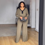 Women Elegant Career Casual V-Type Turndown Collar Long Sleeve Top and Pant Two Piece