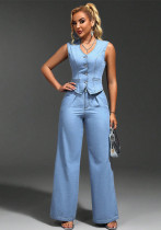 Women Denim V-Neck Sleeveless Top and Pants Two Piece Women Denim V-Neck Sleeveless Top and Pants Two Piece