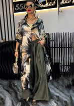 Stylish Printed Loose Cardigan Top Wide-Leg Trousers - Two-Piece Set