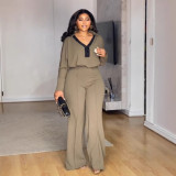 Women Elegant Career Casual V-Type Turndown Collar Long Sleeve Top and Pant Two Piece