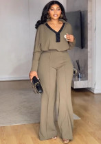 Women Elegant Career Casual V-Type Turndown Collar Long Sleeve Top and Pant Two Piece