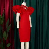 Women Sexy Ruffle Sleeve Beaded Party African Dress