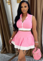 Solid Color Zipper Sleeveless Top Casual Short Skirt Two Piece Set for Women