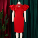 Women Sexy Ruffle Sleeve Beaded Party African Dress