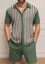 Men's Casual Knitting Short Sleeve Jacquard Polo Top and Shorts Two Piece Men's Casual Knitting Short Sleeve Jacquard Polo Top and Shorts Two Piece