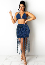 Women Denim Rope Top and Skirt Casual Two Piece