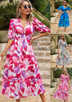 Women Summer V-Neck Chiffon Printed Maxi Dress