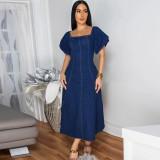 Women Denim U-Neck Short Sleeve Dress