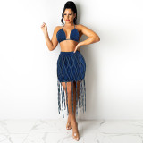 Women Denim Rope Top and Skirt Casual Two Piece