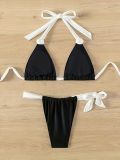 Solid Color Lace-Up Halter Neck Bikini Two-Piece Swimsuit