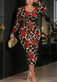 Women Printed V-Neck Long Sleeve Sexy Bodycon Dress