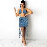 Women Denim Rope Top and Skirt Casual Two Piece