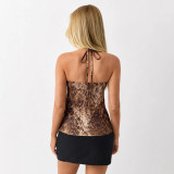 Women Leopard Strapless Halter Neck Top