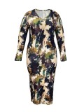 Women Printed V-Neck Long Sleeve Sexy Bodycon Dress