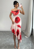 Women elegant asymmetrical floral Print dress