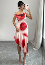 Women elegant asymmetrical floral Print dress