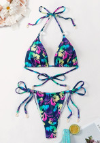 Halter Neck Printed Lace-Up Two-Piece Swimsuit for Women Sexy Bikini Beach Suit