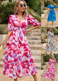 Women Summer V-Neck Chiffon Printed Maxi Dress