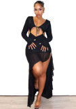 Women Summer Sexy Long Sleeve Ruffled Slit Maxi Dress
