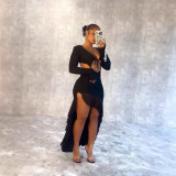 Women Summer Sexy Long Sleeve Ruffled Slit Maxi Dress
