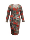 Women Printed V-Neck Long Sleeve Sexy Bodycon Dress