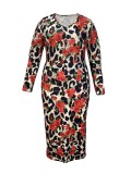 Women Printed V-Neck Long Sleeve Sexy Bodycon Dress