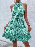 Women Floral Halter Neck Sleeveless Dress