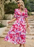 Women Summer V-Neck Chiffon Printed Maxi Dress