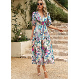 Women Summer V-Neck Chiffon Printed Maxi Dress