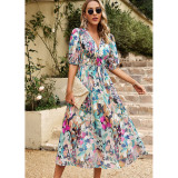Women Summer V-Neck Chiffon Printed Maxi Dress