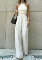 Women's Spring/Summer Fashion Chic Solid Color Halter Neck Slim Waist Jumpsuit
