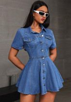 Women Denim Casual Turndown Collar Dress