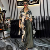 Stylish Printed Loose Cardigan Top Wide-Leg Trousers - Two-Piece Set
