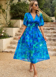 Women Summer V-Neck Chiffon Printed Maxi Dress