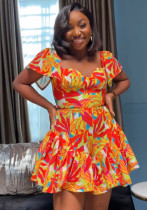 Women Elegant Printed Pleated Flying Sleeve Jumpsuit