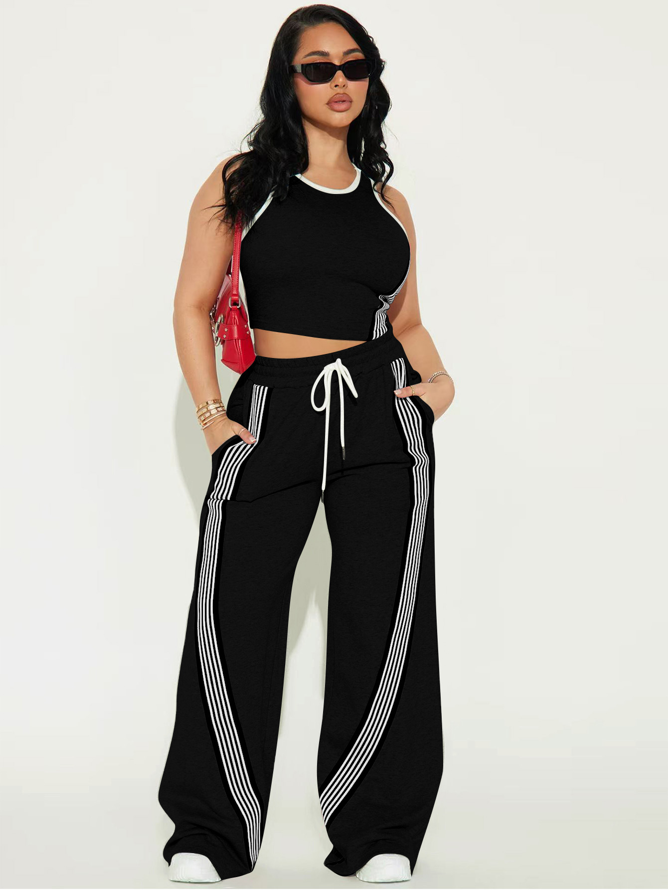 Women Casual Vest and Striped Pants Two-piece Set